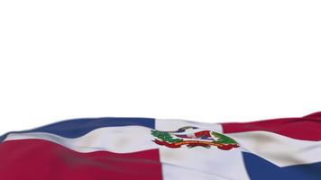 Stoffflagge der Dominikanischen Republik, die auf der Windschleife weht. dominikanische republik stickerei genähtes stoffbanner, das sich im wind bewegt. halb gefüllter weißer Hintergrund. Platz für Texte. 20 Sekunden Schleife. 4k video