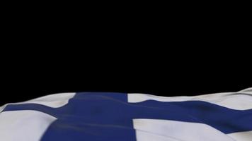 Finland fabric flag waving on the wind loop. Finnish embroidery stiched cloth banner swaying on the breeze. Half-filled black background. Place for text. 20 seconds loop. 4k