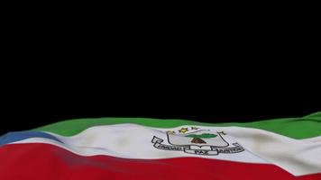 Equatorial Guinea fabric flag waving on the wind loop. Equatorial Guinea embroidery stiched cloth banner swaying on the breeze. Half-filled black background. Place for text. 20 seconds loop. 4k video