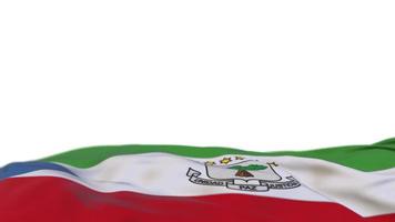 Equatorial Guinea fabric flag waving on the wind loop. Equatorial Guinea embroidery stiched cloth banner swaying on the breeze. Half-filled white background. Place for text. 20 seconds loop. 4k video