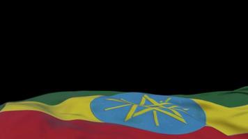 bandeira de tecido da etiópia acenando no loop de vento. bordado etíope bandeira de pano costurada balançando na brisa. fundo preto meio preenchido. lugar para texto. Ciclo de 20 segundos. 4k video