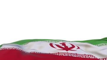 Iran fabric flag waving on the wind loop. Iran embroidery stiched cloth banner swaying on the breeze. Half-filled white background. Place for text. 20 seconds loop. 4k video