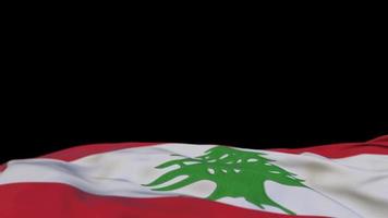 bandeira de tecido do Líbano acenando no loop de vento. bordado libanês bandeira de pano costurada balançando na brisa. fundo preto meio preenchido. lugar para texto. Ciclo de 20 segundos. 4k