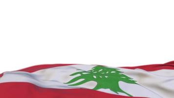 bandera de tela de líbano ondeando en el bucle de viento. Bandera libanesa de tela cosida bordada balanceándose con la brisa. fondo blanco medio relleno. lugar para el texto. Bucle de 20 segundos. 4k