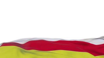North Ossetia fabric flag waving on the wind loop. North Ossetia embroidery stiched cloth banner swaying on the breeze. Half-filled white background. Place for text. 20 seconds loop. 4k