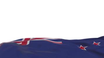 drapeau en tissu néo-zélandais agitant sur la boucle du vent. bannière en tissu brodé de nouvelle-zélande se balançant sur la brise. fond blanc à moitié rempli. place pour le texte. Boucle de 20 secondes. 4k