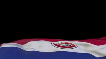 Paraguay fabric flag waving on the wind loop. Paraguayan embroidery stiched cloth banner swaying on the breeze. Half-filled black background. Place for text. 20 seconds loop. 4k video
