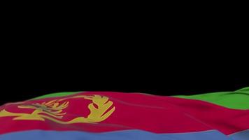 bandeira de tecido da eritreia acenando no loop de vento. bordado eritreu bandeira de pano costurada balançando na brisa. fundo preto meio preenchido. lugar para texto. Ciclo de 20 segundos. 4k