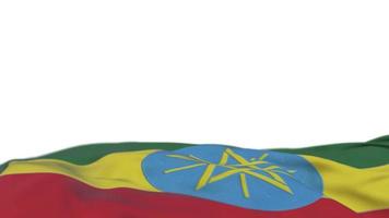 Ethiopia fabric flag waving on the wind loop. Ethiopian embroidery stiched cloth banner swaying on the breeze. Half-filled white background. Place for text. 20 seconds loop. 4k video