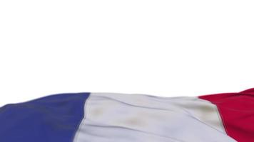 bandeira de tecido da frança acenando no loop de vento. bordado francês bandeira de pano costurada balançando na brisa. fundo branco meio preenchido. lugar para texto. Ciclo de 20 segundos. 4k video