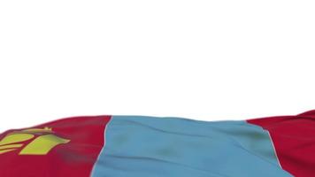 bandeira de tecido da mongólia acenando no loop de vento. bordado mongol bordado bandeira de pano balançando na brisa. fundo branco meio preenchido. lugar para texto. Ciclo de 20 segundos. 4k