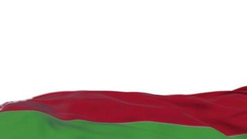 bandeira de tecido da bielorrússia acenando no loop de vento. bordado bielorrusso bandeira de pano costurada balançando na brisa. fundo branco meio preenchido. lugar para texto. Ciclo de 20 segundos. 4k video