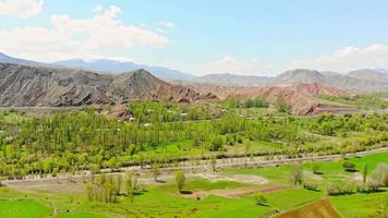 survol aérien au-dessus d'un panorama printanier pittoresque d'arbres et de montagnes en fleurs, campagne en turquie, région d'erzurum video