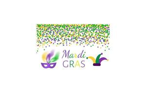 Mardi Gras carnival vector background with green, purple and yellow confetti. Easy to edit design template for your projects.