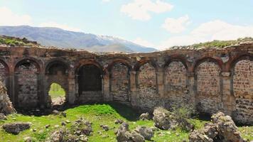 Aerial panning view Bana cathedral wall ruins . Famous georgian landmark in Turkey video