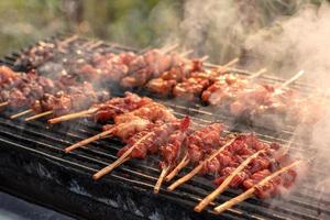 Grilled chicken skewers with smoke. photo