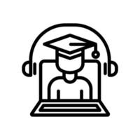 Online education icon vector. Virtual education, students, laptops, headsets. Line icon style. Simple design illustration editable vector