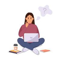 Woman sits at a laptop. Flat vector illustration of freelance, work at home, work, office, education. Remote work and communication in social networks.