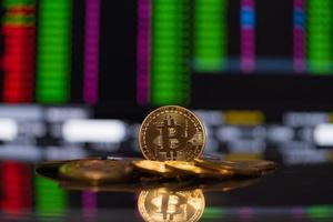 grupo de monedas de oro bitcoin símbolo de moneda criptográfica y gráfico de acciones candelabro tendencia alcista ganar fondo desenfocado de acciones en la tecnología de uso de computadoras de negocios monedas criptográficas cadena de bloques moneda de cierre. foto