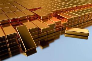 3D illustration of a gold reserve, in the form of gold bars arranged in rows. Large-scale gold storage photo