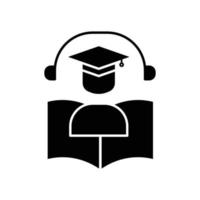 vector de icono de educación en línea. aprendizaje virtual, estudiante, libro, auriculares. estilo de icono sólido, glifo. ilustración de diseño simple editable