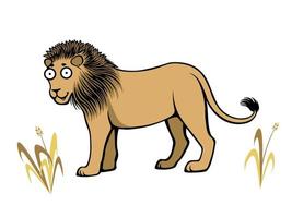 lindo león despreocupado caminando por la hierba seca vector