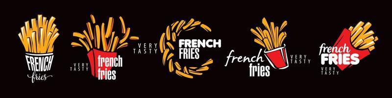 A set of vector illustrations of French fries on a black background