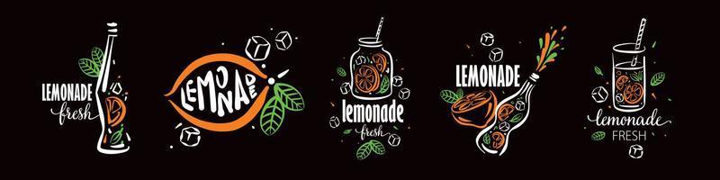 A set of vector drawings of lemonade on a black background