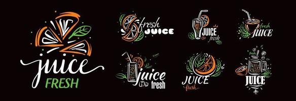 A set of vector drawn logos of fresh juice on a black background