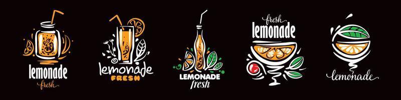 A set of vector drawings of lemonade on a black background