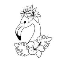 Vector illustration of flamingo isolated on white. Line image of tropical bird. Outline floral flamingo with flowers