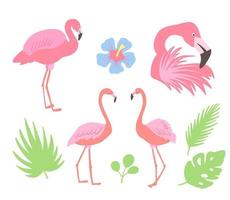 Flamingo pink bird. Hibiscus flowers and palm leaves. Tropical collection for summer beach party. Vector illustration isolated on background.