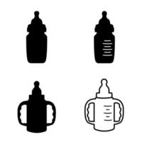 baby bottle icons. Black outline and silhouette of bottle with handles for newborns. Vector illustration is isolated on white background