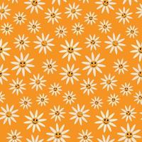 Cute smiling white daisy flowers seamless pattern on orange background in retro 70s style. For textile, baby shower and gift wrapping paper