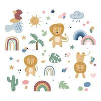 conjunto de bebé de animales lindos de dibujos animados con arco iris vector