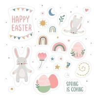 Cartoon cute rabbits stickers with easter eggs and rabbit vector