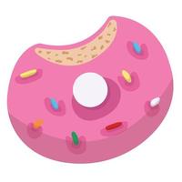 A bitten donut in pink icing with multi-colored toppings. Vector illustration isolated on white background.