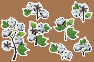 A branch of a cotton plant. Natural fluffy fiber on the handle. Stickers set. Vector stock illustration isolated on white background.
