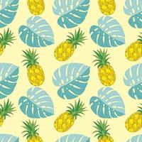 Summer pattern with pineapple doodle and blue monstera leaves, yellow background. vector
