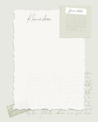 June 2022 Reminder template calendar. To-do list, scrapbooking, notes, stamp, vintage style.