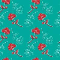 Seamless pattern blue background with red and blue flowers and leaves. Print with poppies. Vector illustration
