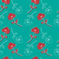 Seamless pattern blue background with red and blue flowers and leaves. Print with poppies. Vector illustration