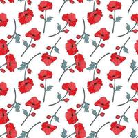 Seamless background with red and blue flowers and leaves. Print with poppies. Vector illustration