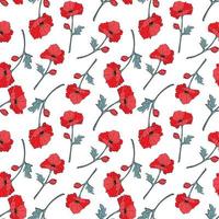 Seamless background with red and blue flowers and leaves. Print with poppies. Vector illustration