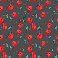 Seamless pattern grey background with red and blue flowers and leaves. Print with poppies. Vector illustration