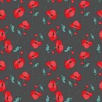 Seamless pattern grey background with red and blue flowers and leaves. Print with poppies. Vector illustration