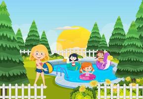 niños nadando en la piscina en la parte trasera de la casa vector