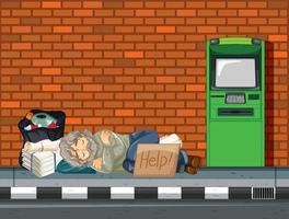 Homeless man sleeping near atm machine vector