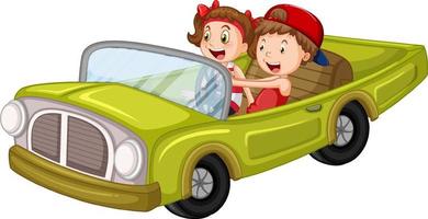 Kids in vintage car in cartoon design vector