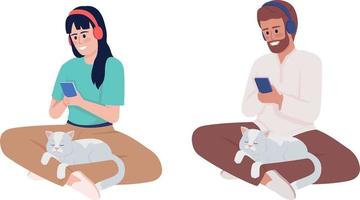 Listening to music with cat on lap semi flat color vector character set